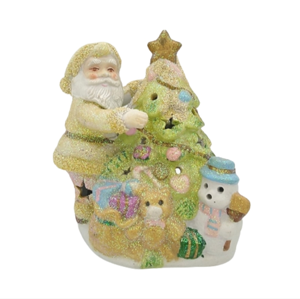 Santa Claus Christmas Tree Glitter Tea Light Candle Holder Ceramic Vintage